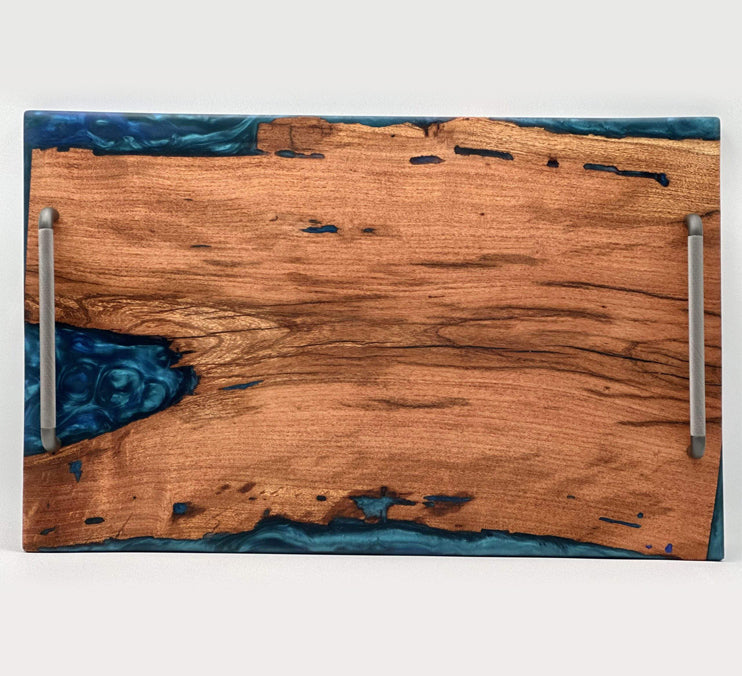 Mesquite Live Edge Tray with Blue Epoxy River — Food-Safe Finish, 23×14 in. by Mindful Creations Woodworking