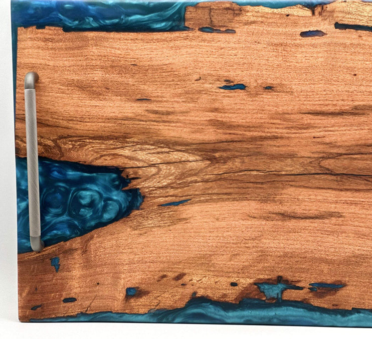 Mesquite Live Edge Tray with Blue Epoxy River — Food-Safe Finish, 23×14 in. by Mindful Creations Woodworking