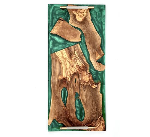 Olive Wood Green Epoxy Tray With Gold Handles by Mindful Creations Woodworking