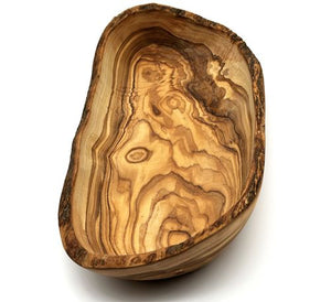 Handcrafted olive wood bowls featuring unique patterns, perfect for salads or fruit storage.