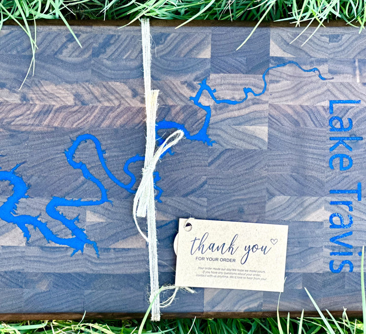 Walnut End Grain Board With Engraved Lake Travis 12x10x1 1/2 Inch by Mindful Woodworking
