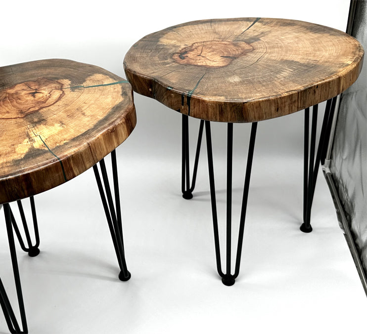 Pecan Live Edge Tables With 16 Inch Hairpin Legs by Mindful Creations Woodworking