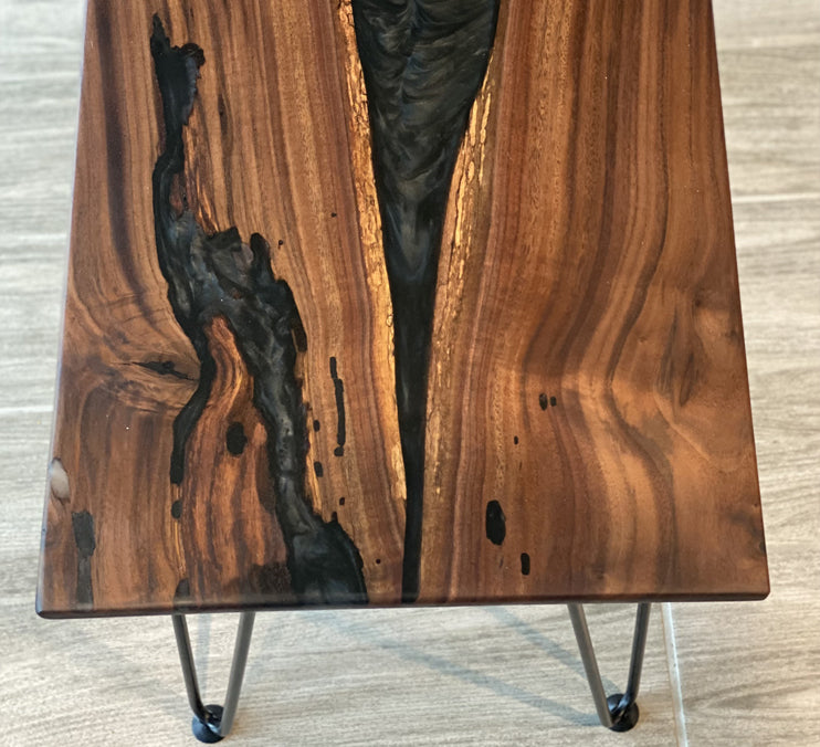 Walnut Table With Black Mica Epoxy and Metal Hair PIN Legs 24 X 14 X 3/4 Inch by Mindful Creations Woodworking