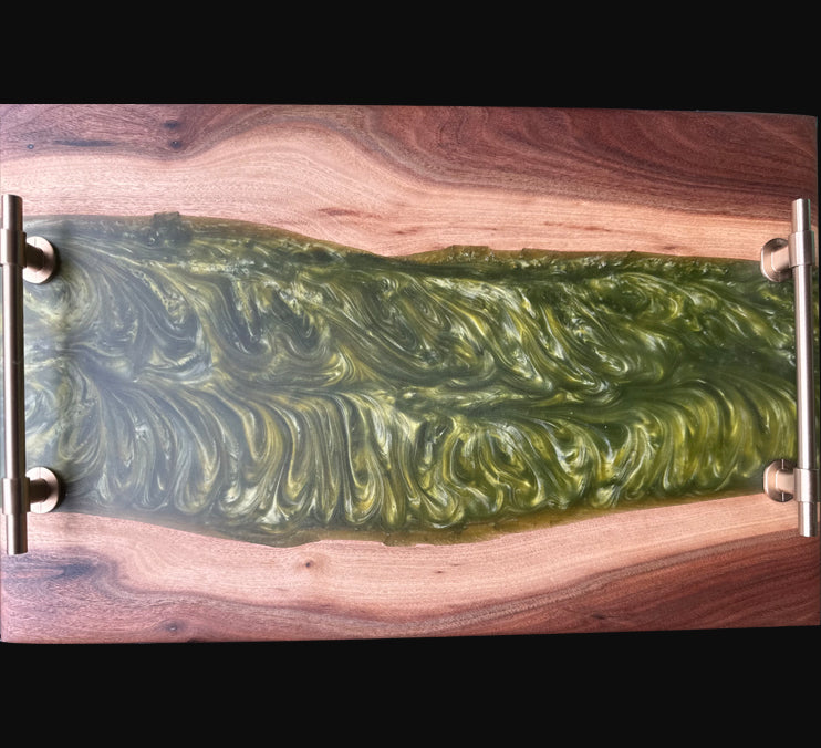 Walnut Live Edge Green Epoxy Tray and Board by Mindful Woodworking