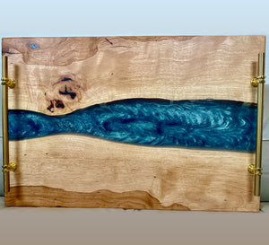 Pecan Tray /board With Blue Epoxy (Food Safe) 24x16x1 1/2 Inch by Mindful Creations Woodworking