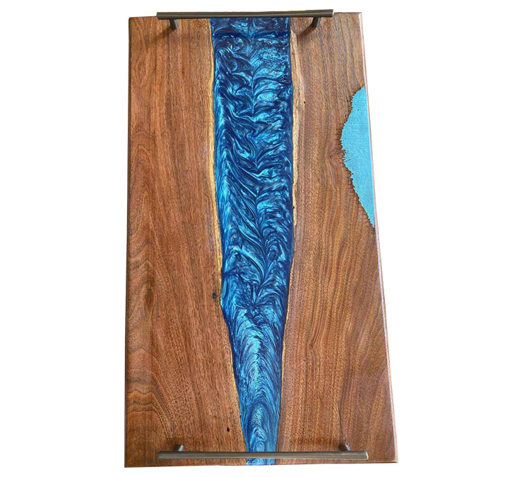 Walnut Serving Tray With Turquoise Epoxy Finished With Rubio Monocot 26 X14 X3/4 Inch by Mindful Creations Woodworking
