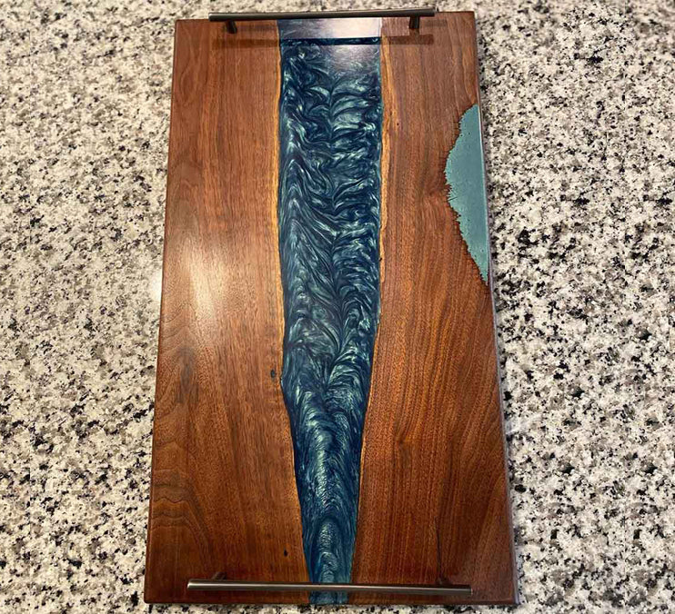 Walnut Serving Tray With Turquoise Epoxy Finished With Rubio Monocot 26 X14 X3/4 Inch by Mindful Creations Woodworking