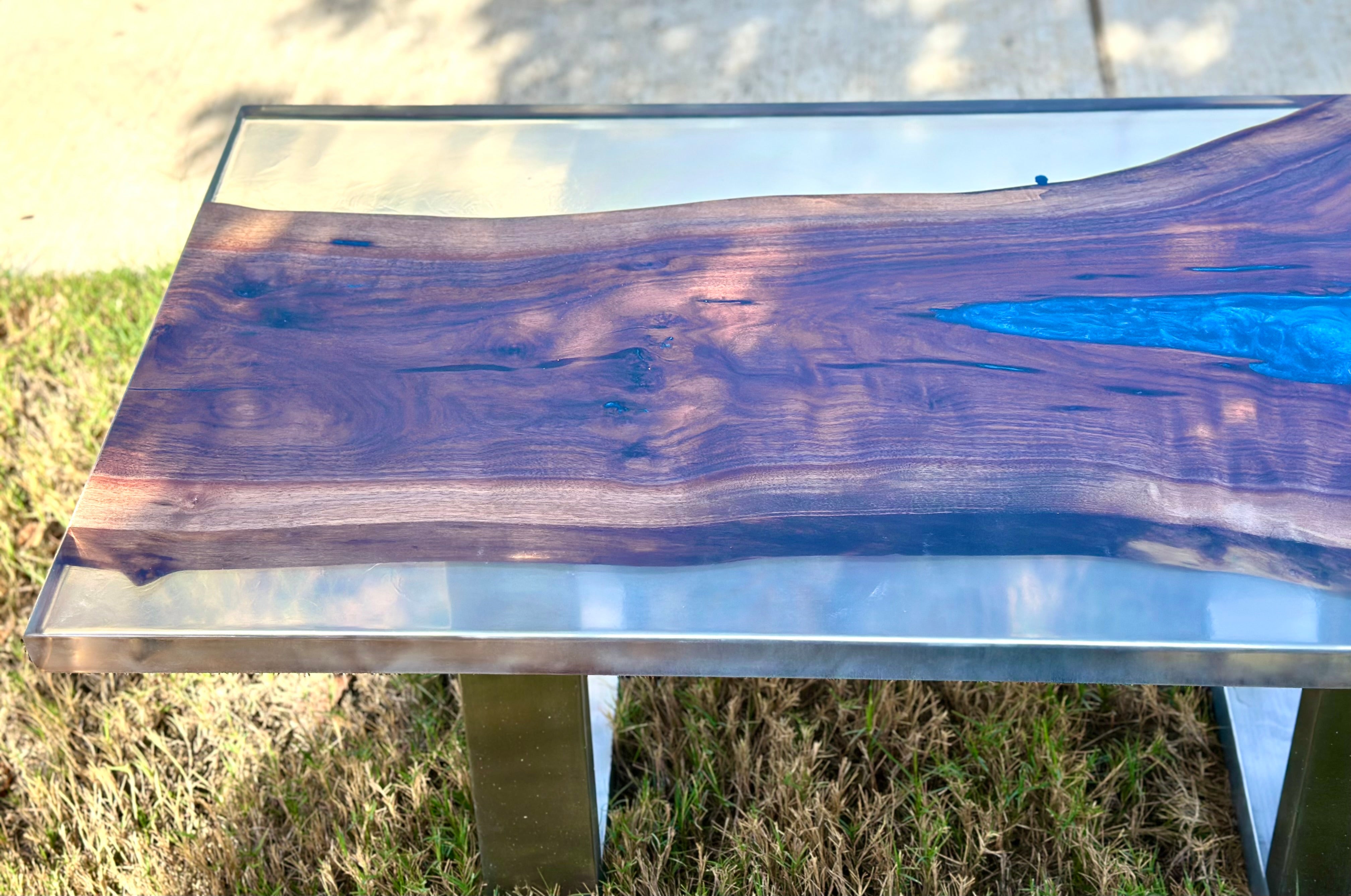 Handcrafted Black Walnut Coffee Table — Blue Epoxy River, Steel Legs by Mindful Creations Woodworking