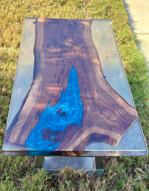 Handcrafted Black Walnut Coffee Table — Blue Epoxy River, Steel Legs by Mindful Creations Woodworking