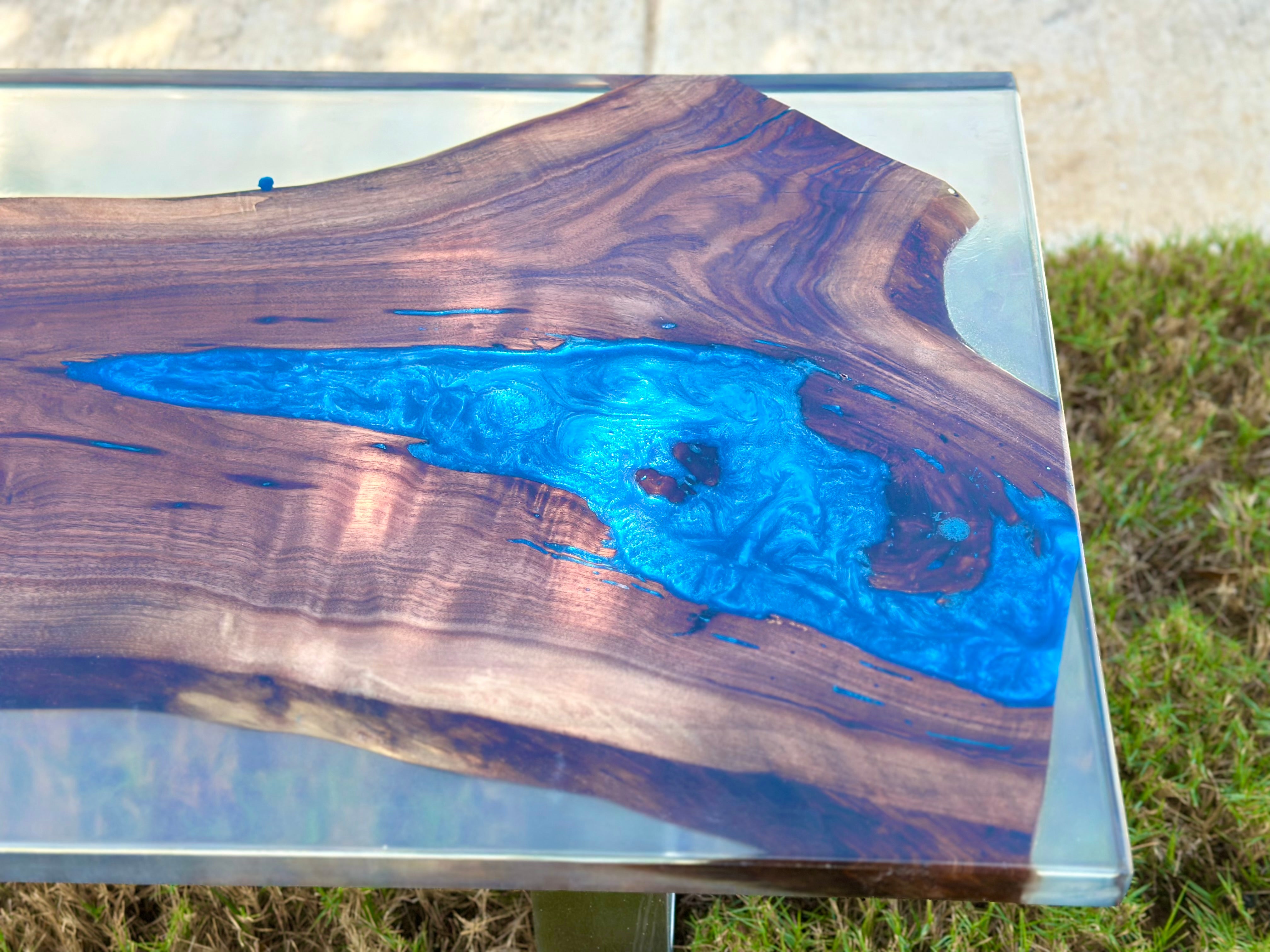 Handcrafted Black Walnut Coffee Table — Blue Epoxy River, Steel Legs by Mindful Creations Woodworking